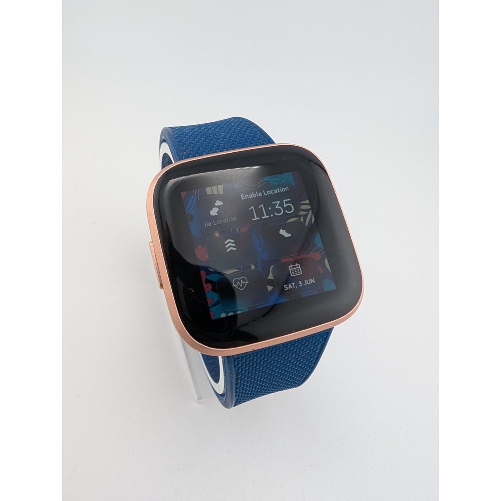Fitbit Versa 2 Smartwatch Copper Rose Fitness Tracker FB507 Blue Band- Works